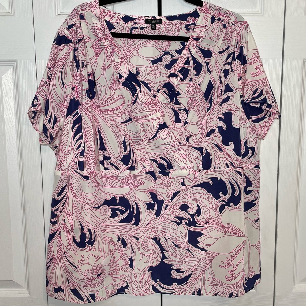 Talbots Woman Top Floral Silk Blend Blouse 20W Cross Front